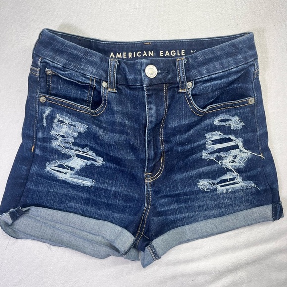 American Eagle Curvy Hi Rise Shortie Shorts Womens 6 Stretch Distressed 1752 - Picture 1 of 8